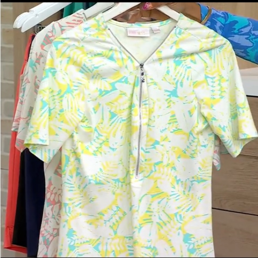 Belle by Kim Gravel TripleLuxe Knit Tropical Zip Top Large Yellow/Blue A501168